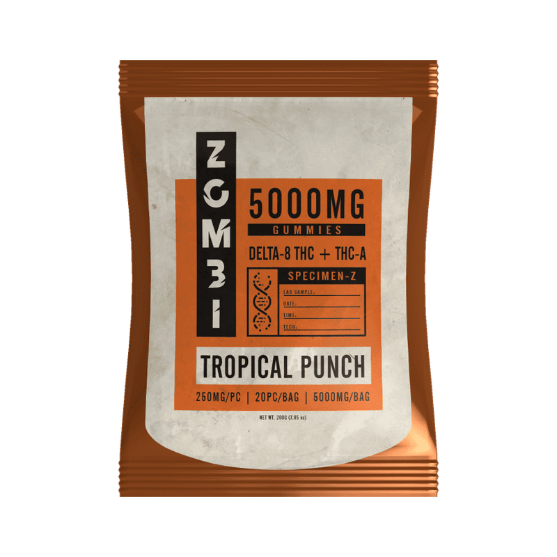 A package of Zombi Delta 8 & THC-A Gummies | 5000mg contains 5000mg THC, with each piece delivering 250mg. There are 20 pieces per bag.