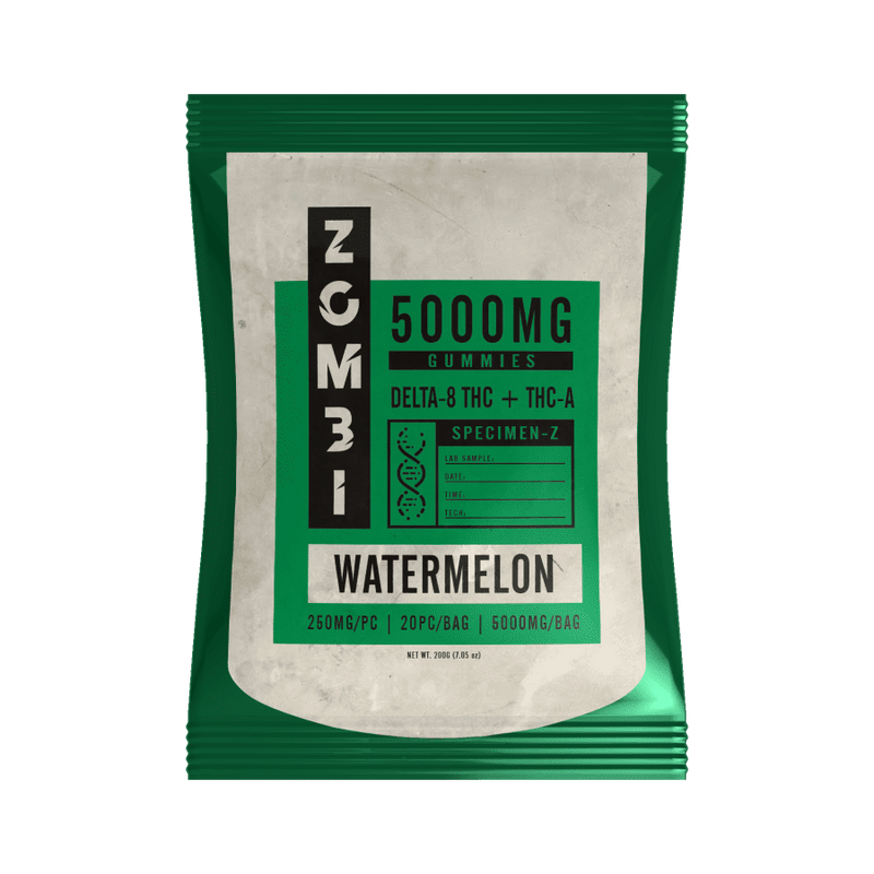 Green package of **Zombi Delta 8 & THC-A Gummies | 5000mg**, labeled 5000mg THC total with 250mg per piece and 20 pieces per bag. Contains ingredients and legal disclaimers.