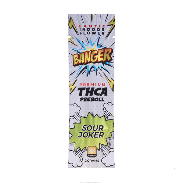 The cannabis product's vibrant packaging, labeled "Banger THCA Preroll | 2g," showcases comic-style graphics. It highlights "Premium THCA Preroll" and the strain "Sour Joker," clearly stating it contains 2 grams of hemp-derived sativa pre-rolls, under the brand name Banger.