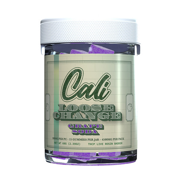 A jar labeled "Cali Extrax Loose Change Gummies 15ct | 4500mg" contains delicious treats. The jar lists details about dosage, total weight (66g/3.39oz), and ingredients like THCP Live Rosin Badder and Delta 8 THC, offering a delightful Grape Soda flavor.