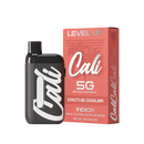 A black and white vaping device stands next to its red and white box labeled "Cali Extrax Level Up Blend Disposable | 5g," "Cactus Cooler," and "Indica." The device, featuring the word "Cali" printed on its side, promises a premium experience with live resin terpenes.