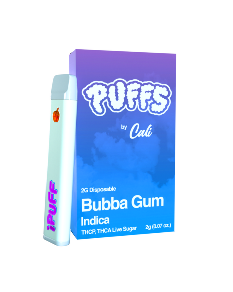 Image of a "Cali Extrax Puffs Disposable" vape labeled "iPUFF" next to a box reading "Puffs by Cali, Bubba Gum Indica, 2G Disposable," including THC-P and THCA Live Sugar. Perfect for fans of quality vapes such as Cali Extrax Forbidden Fruit.