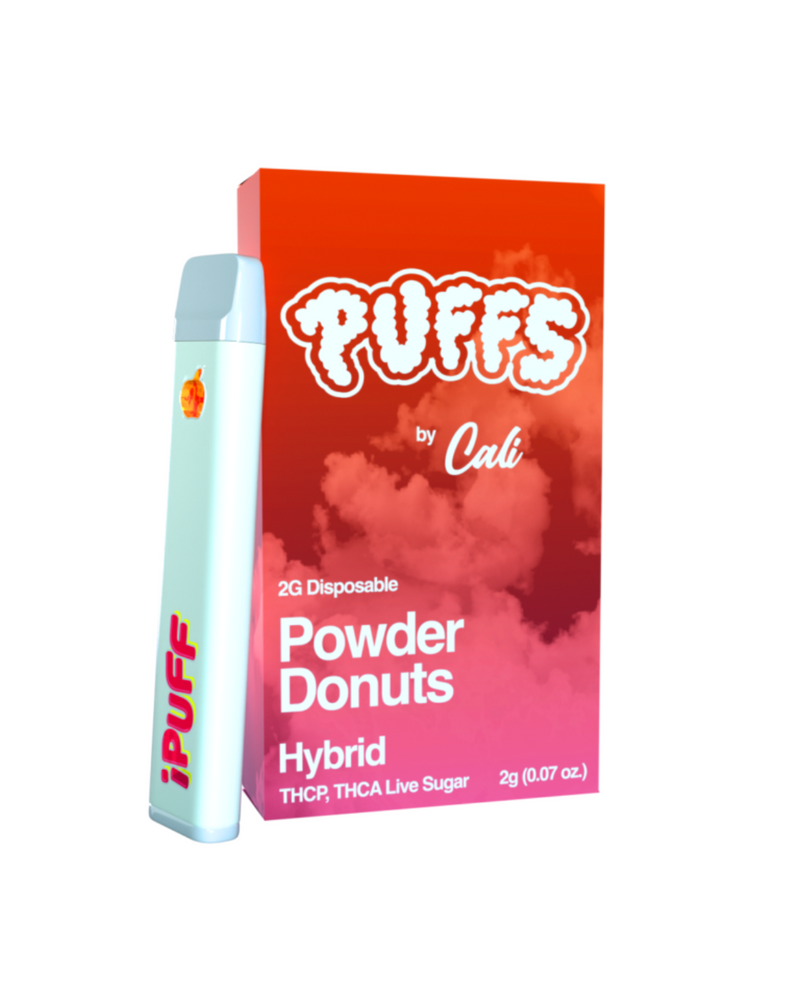 The "Cali Extrax Puffs Disposable | 2g" packaging features a "Powder Donuts" flavored vape pen infused with THC-P and THCA Live Sugar, promising an enjoyable vaping experience.