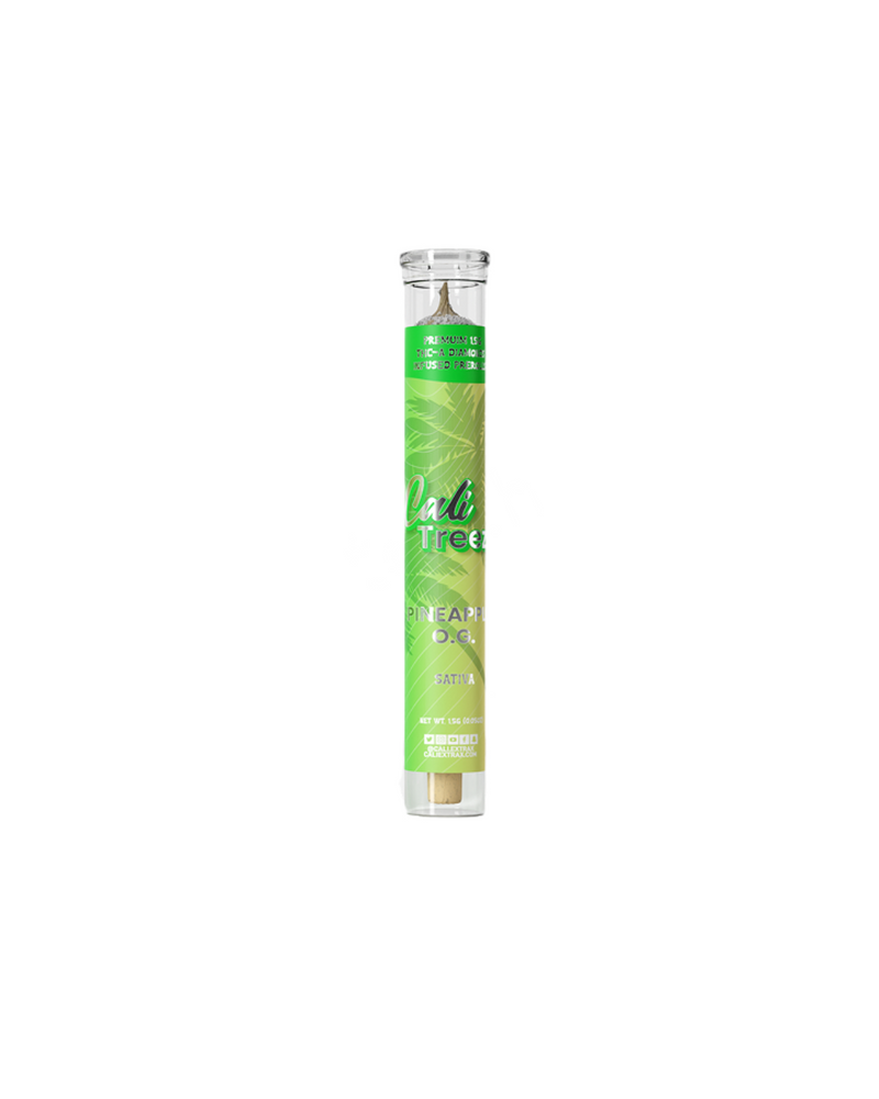 A transparent glass tube with a green label reads "Dali's Trees," "Pineapple OG," and "Sativa," containing Cali Treez THC-A Pre-Roll by Cali Extrax, crafted to elevate your experience.