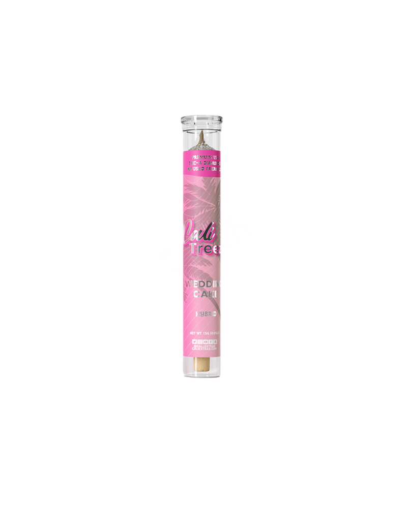 A pink and white cylindrical tube from Cali Extrax, labeled "Cali Treez THC-A Pre-Roll | 1.5g." It contains THCA Pre-Rolls with detailed cannabis information on the label.