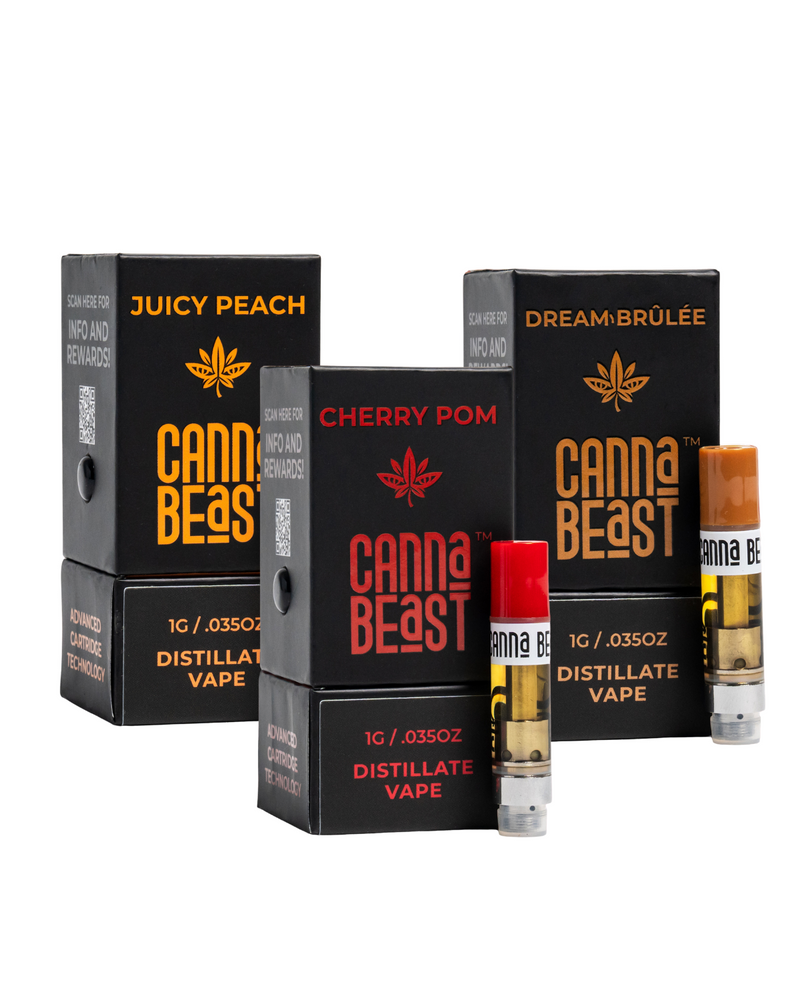 Three Eighty Six Brand Canna Beast Delta-9 vape cartridges, Juicy Peach, Cherry Pom, and Dream Brûlée, are paired with their labeled boxes.