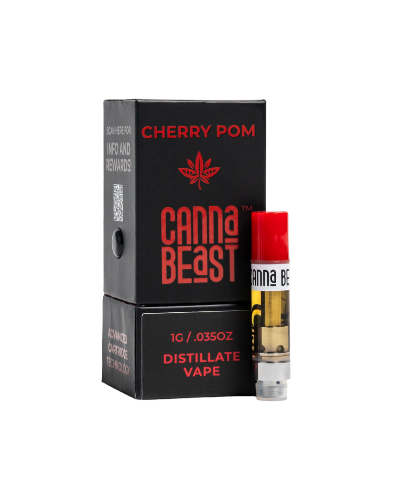 The Canna Beast Delta-9 Vape Cartridge by Eighty Six Brand features a red and black design, infused with premium terpenes and Delta-9 THC, and contains 1 gram of distillate.