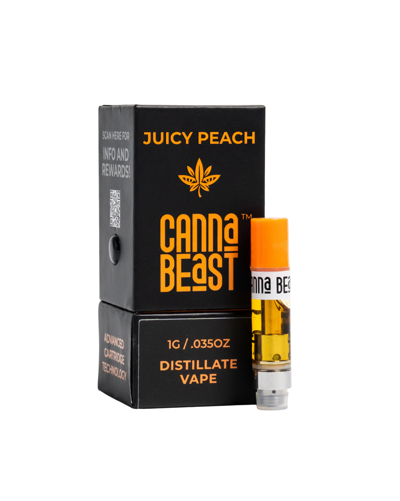 The Canna Beast Delta-9 Vape Cartridge by Eighty Six Brand features premium terpenes and a Juicy Peach flavor. It comes in sleek black packaging with a vibrant orange cap, including product details and a QR code for easy information access.