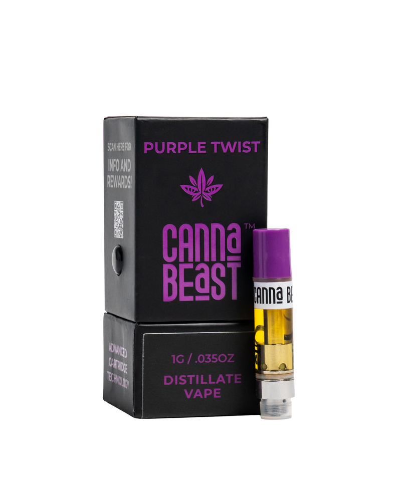 The Eighty Six Brand's Canna Beast Delta-9 Vape Cartridge | 1g, with premium terpenes, is showcased in its stylish black and purple packaging.