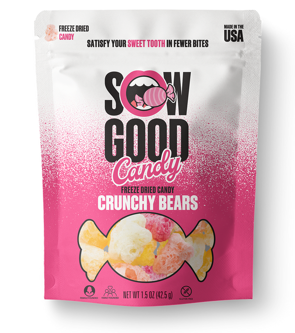 A 1.5 oz package of "Freeze Dried Gummy Bears - Sow Good Candy" from Sow Good Inc, featuring a pink and white design with an image of colored candy pieces. This gluten-free candy is made in the USA and offers a delightful crunch in every bite.