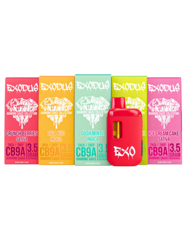 Five vibrant Exodus product boxes feature Crunch Berries, Giga Bud, Gush Mintz, Ice Cream Cake flavors alongside a red vaporizer. Explore the colorful Diamond Sauce Collection or try the Exodus Diamond Sauce Disposable for a unique adventure.