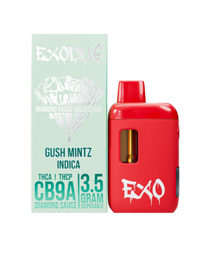 A red Exodus Diamond Sauce 3.5g disposable vape pen sits beside its packaging, featuring "Gush Mintz Indica," along with "THC-A," "CB9A," and "THCP" for a premium vaping experience.