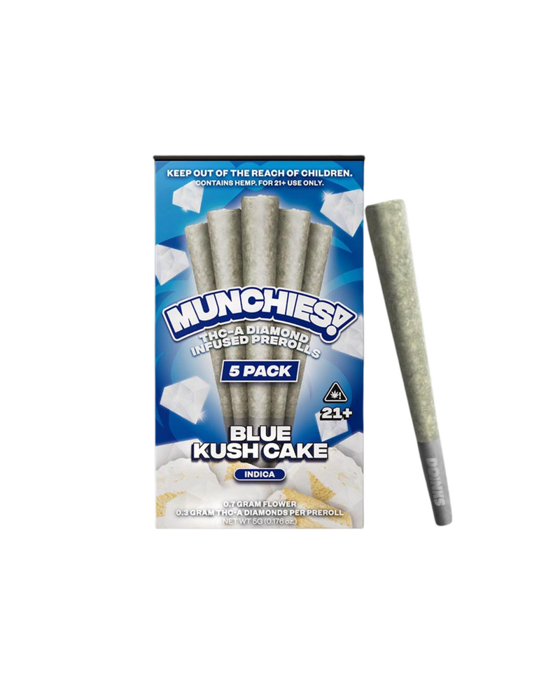 Image of a 5-pack box of Delta Munchies THC-A Diamond Infused Prerolls labeled "Blue Kush Cake," suitable for adults aged 21 and over. One preroll is displayed next to the box.