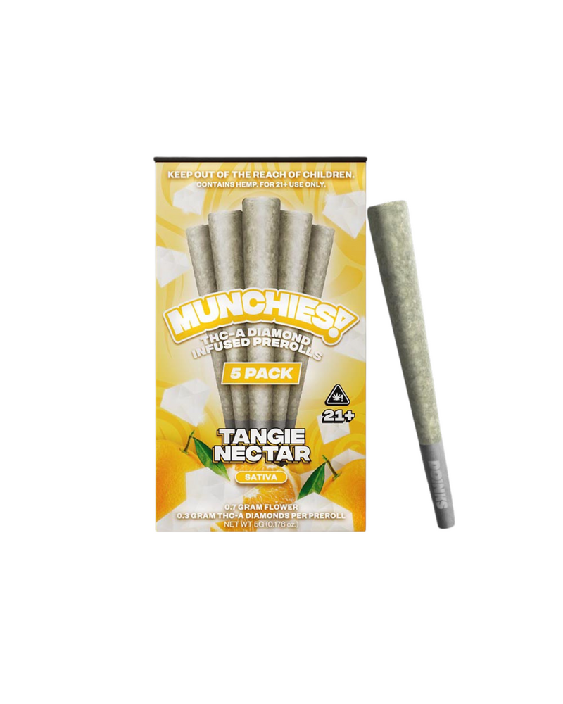 A package labeled "Delta Munchies THC-A Diamond Infused Prerolls | 5pk" in the Tangie Nectar Sativa flavor. One premium quality American hemp preroll is placed to the right of the package, which displays citrus and cannabis imagery.