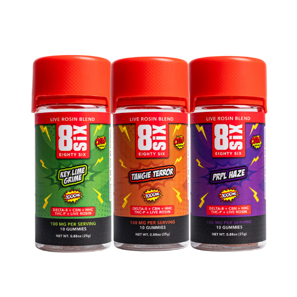 Three containers of Eighty Six Brand Live Rosin Gummies with red caps, featuring labels with different flavors: Key Lime Grime, Tangie Terror, and Prpl Haze. Each container holds 10 gummies providing 100 mg of various cannabinoids, including Delta 8 THC.