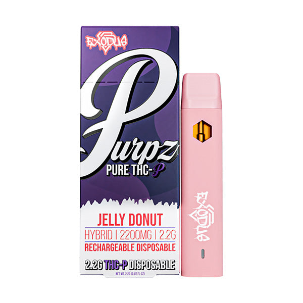 Image of a pink disposable vape pen and its packaging labeled "Exodus Purpz THCP Disposable | 2.2g" in a jelly donut flavor with 2200mg. The box also specifies it as a rechargeable disposable hybrid from the brand Exodus.