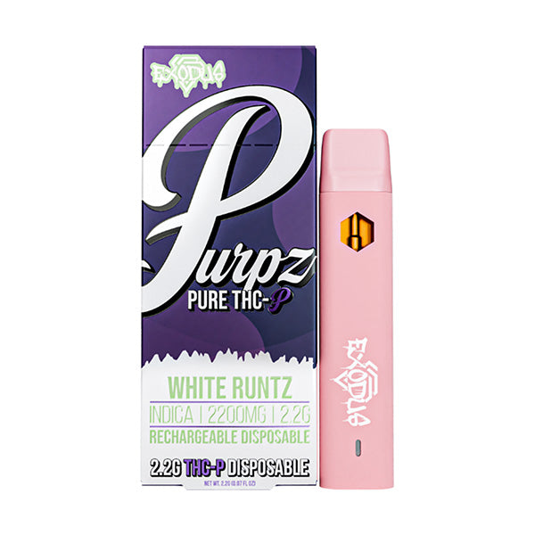 Image of an Exodus Purpz THCP Disposable vape pen in White Runtz flavor. The packaging specifies it contains 2200mg of THCP and is an Indica with 2.2g. The pink vape pen from the Exodus brand promises a premium experience for enthusiasts seeking to explore the potent effects of THCP.