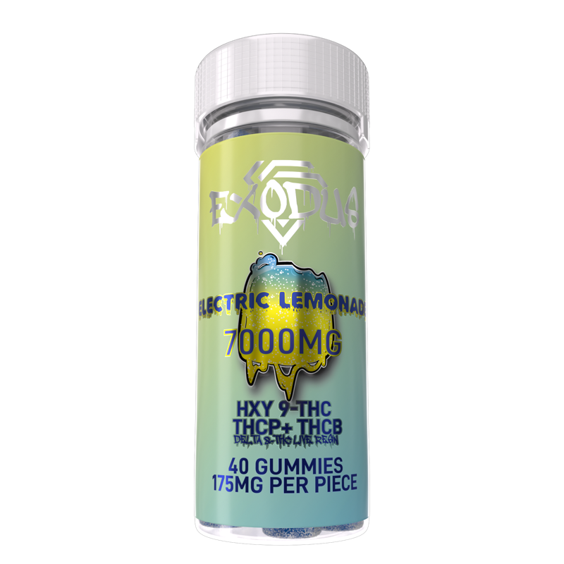 A bottle of Exodus THC-P & HXY-9 THC Gummies, containing 7000mg of HXY 9-THC, THCP, and THCB. The label states 40 gummies, 175mg per piece. The bottle features a yellow and green gradient design and includes Delta 8 THC Live Resin for an enhanced experience.