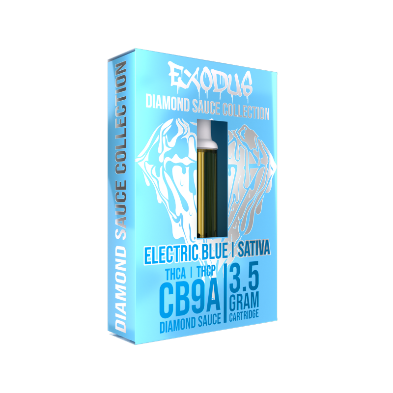 A 3.5-gram cartridge of Exodus Diamond Sauce Collection Cartridge | 3.5g, in "Electric Blue" flavor, labeled as Sativa and containing THCA extracts, THCP, and CB9A. The packaging is blue with white text and graphics, making these Exodus cartridges a standout choice.