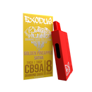 Image of a package labeled "Exodus Diamond Sauce Disposable | 8g" with a sub-label showing "THCA, THCP, CB9A." There is also a red, rectangular vape device featuring USB-C charging and leaning against the package.