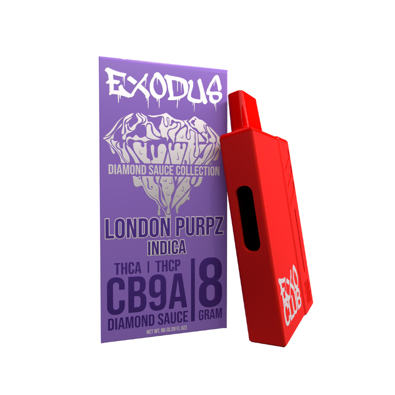 A red vaping device stands against a purple package labeled "Exodus Diamond Sauce Collection, London Purpz, Indica." The package, detailing CB9A and 8-gram contents, highlights the Exodus Diamond Sauce Disposable | 8g by Exodus with USB-C Charging for convenience.