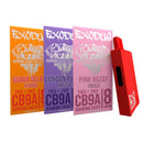 Three cannabis product labels are displayed, labeled "Guava Gelato," "London Pound," and "Pink Rozay," alongside a red Exodus Exodus Diamond Sauce Disposable | 8g vape device. The labels list types, cannabinoid contents, and flavor details. The sleek device also features USB-C charging for convenience.