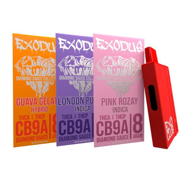 Three cannabis product labels are displayed, labeled "Guava Gelato," "London Pound," and "Pink Rozay," alongside a red Exodus Exodus Diamond Sauce Disposable | 8g vape device. The labels list types, cannabinoid contents, and flavor details. The sleek device also features USB-C charging for convenience.