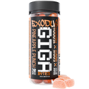 A cylindrical container labeled "Exodus" containing 30 pineapple punch flavored gummy bytes with 500 mg of THC-A per gummy. The jar displays "Exodus Gigabytes Gummies | 15000mg" and a total potency of 15000 mg. Three gummies are shown outside the jar, highlighting their strength and appeal.