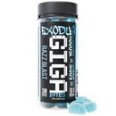 A container labeled "Exodus Gigabytes Gummies | 15000mg," showing 15000mg total THC-P, THC-A, and CBN, with 30 gummy pieces. Next to the container are two blue gummies coated with sugar.