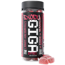 A cylindrical container labeled "Exodus Gigabytes Gummies | 15000mg" from the brand Exodus contains 30 gummy bytes and 15,000mg per jar. The container includes THC-A, THC-P, and CBGa. Three gummies are displayed beside the jar.