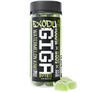 A container labeled "Exodus Exodus Gigabytes Gummies | 15000mg" with 30 gummies inside, each containing 500 mg of THC-P, totaling 15,000 mg. Three green gummy candies appear in front of the container.