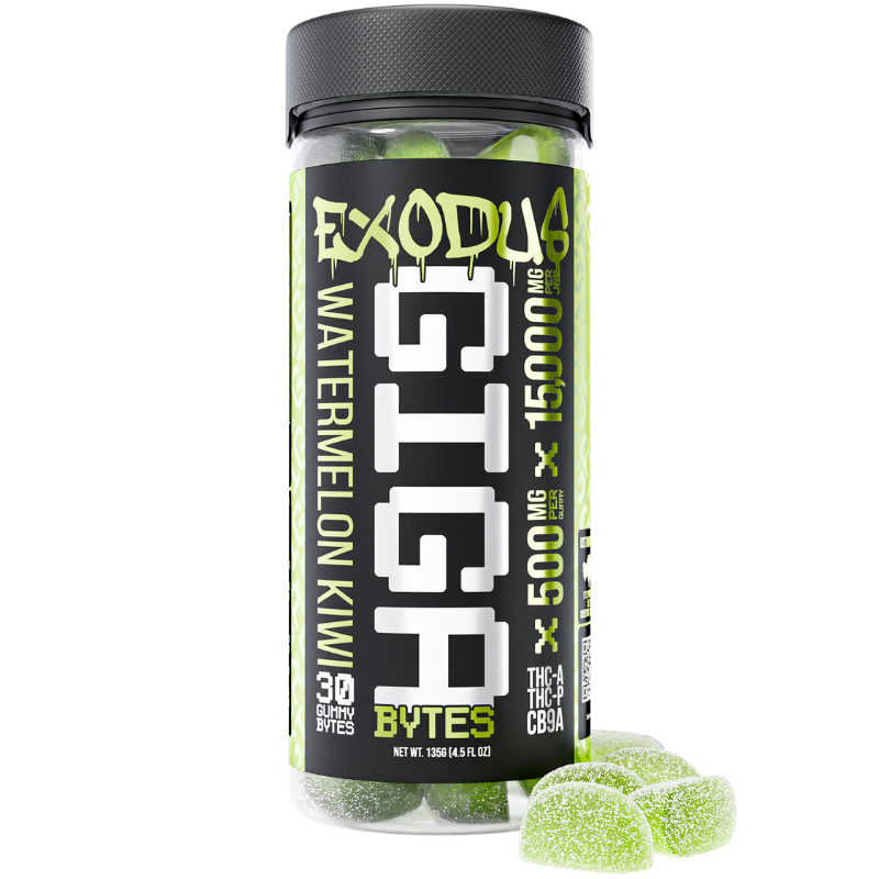 A container labeled "Exodus Exodus Gigabytes Gummies | 15000mg" with 30 gummies inside, each containing 500 mg of THC-P, totaling 15,000 mg. Three green gummy candies appear in front of the container.