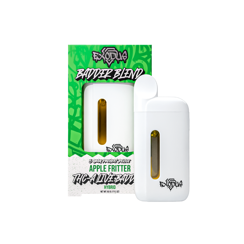 A green and white box and white vape pen for Exodus THCA Live Resin Disposable | 5g and Apple Fritter THC-A Live Badder Hybrid concentrate.