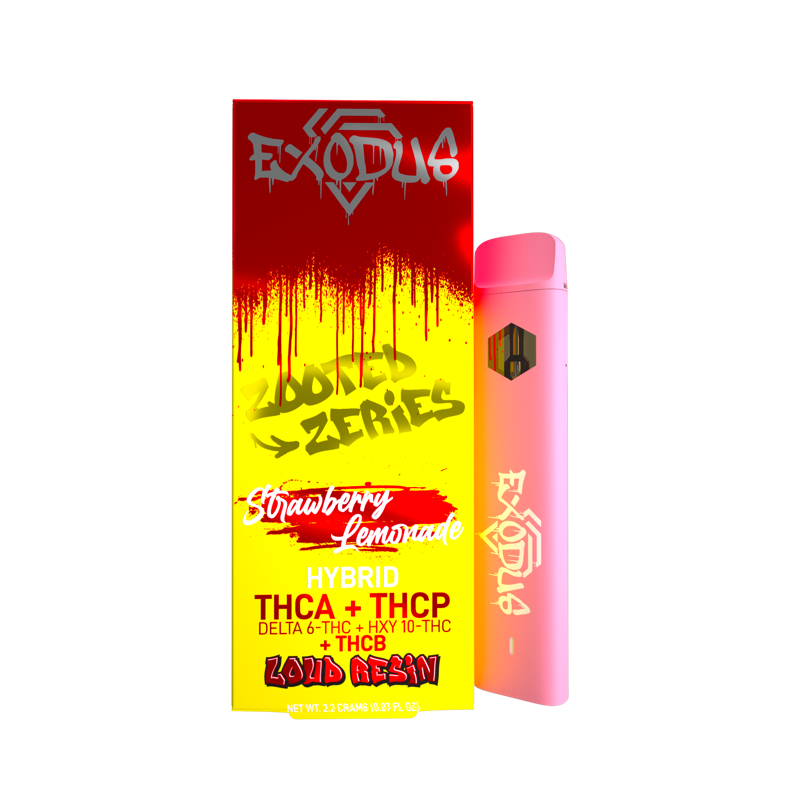 Exodus Joint Series packaging for Exodus Zooted THCA Disposable | 2.2g by Exodus, featuring premium cannabinoids like THCA, THCP, Delta 6 THC, HXY 10 THC, and THC-B, displayed with a disposable pink vape pen.