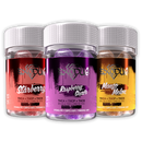 Three jars of Exodus Zooted Zeries Gummies by Exodus, with labels reading "Strawberry," "Raspberry Guava," and "Mango Melon." Each jar, packed with Loud Resin and hemp-derived THC, contains 20 gummies featuring various cannabis compounds such as THCA, THCP, THCB, Delta-8 THC, and HXY-11 THC.