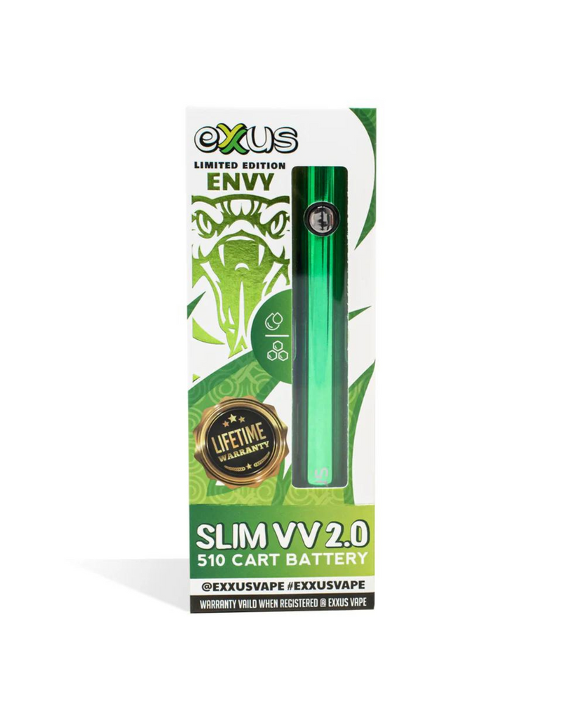 A green Exxuss Battery Vape Cartridge in its packaging, labeled as a limited edition "Envy" model with lifetime warranty information displayed on the front.