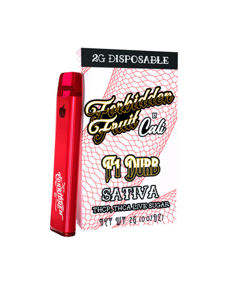 A sleek red vape pen is placed next to a box labeled "Cali Extrax Forbidden Fruit Disposable | 2g," infused with live resin. The THCA disposables by Cali Extrax offer a smooth experience with detailed content specifications.