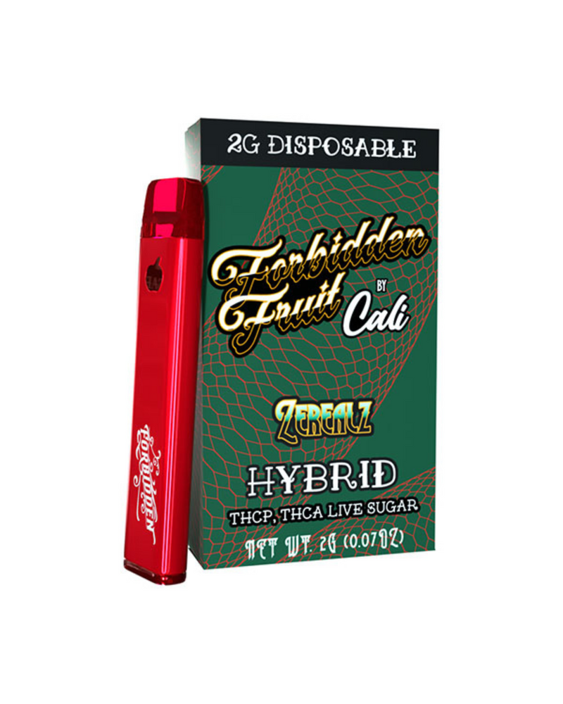 A sleek red disposable vape pen sits beside a green box labeled "Cali Extrax Forbidden Fruit Disposable | 2g." It highlights "Zerealz," featuring live resin terpenes along with THCA & THCP, blending perfectly in this Hybrid option.