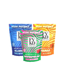 Three FVKD High Potency Gummies 10ct packages in vibrant blue, green, and orange present hemp-derived THCA gummies with tantalizing Blueberry, Watermelon, and Mango flavors. Each 6,000mg pack highlights THC content for a flavorful high-potency experience.