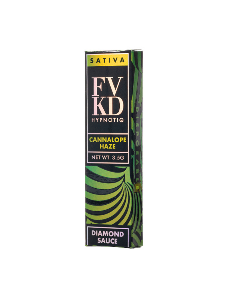 A rectangular box with green swirling patterns, labeled "FVKD Hypnotiq Diamond Sauce Disposable," contains a THCa-rich sativa product and weighs 3.5g.