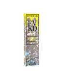 The FVKD THC-A Rosin Disposable comes in yellow and purple packaging, featuring LA Kush Cake hybrid Live Rosin concentrate with rich cannabis terpenes, weighing 3.5 grams.
