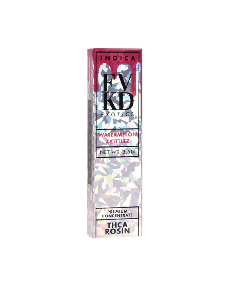 Discover the vibrant packaging of FVKD's Watermelon Zkittlez, a 3.5g indica concentrate made with premium THCA rosin, capturing rich cannabis terpenes.