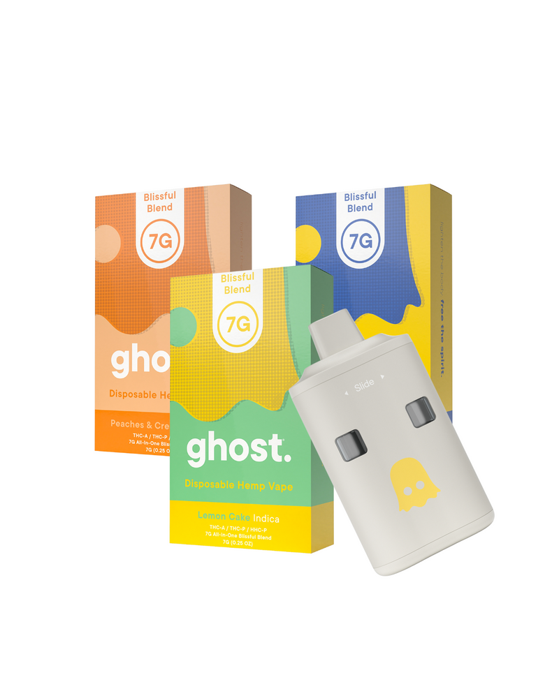 Three vibrant boxes of Ghost's "Blissful Blend" disposable hemp vapes, each containing 7g, with a compact white THCA disposable device in front, featuring natural terpenes for an enhanced experience.