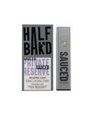 A gray "SAUCED" vape pen sits beside a box labeled "Half Bak'd Sauced Private Reserve, Wedding Cake, 1g Live Sauce Hybrid," infused with THC-P for an elevated experience.