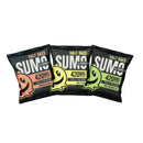 Three packets of Half Bak'd Sumo Gummies 420mg | 2ct, from the brand Half Bak'd, are displayed in three different flavors: Minted Mango, Yuzu Citrus, and Wild Watermelon. Each packet contains a potent blend of cannabinoids totaling 420mg, including THC, THC-A, and THC-P.