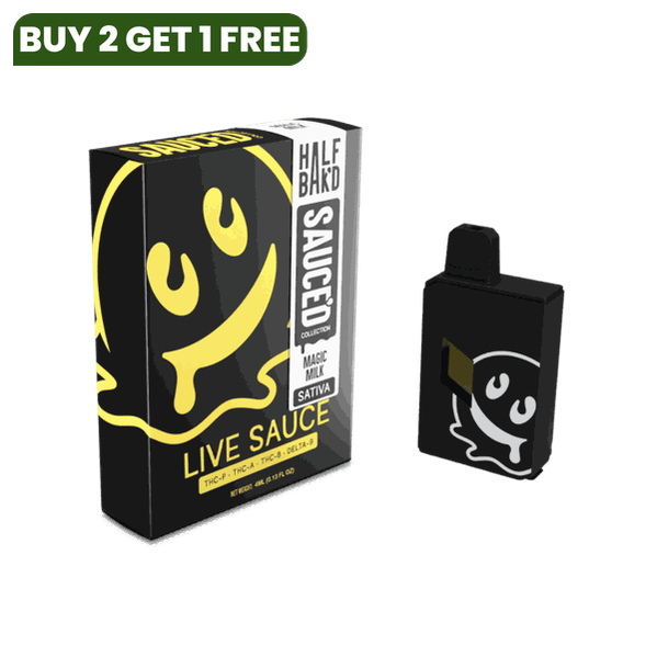 A box and vape device from the Half Bak'd Collection with "Half Bak'd Live Resin Sauced Disposable | 4g" branding featuring a yellow dripping smiley face. The packaging mentions it is a "Magic Melon Sativa" variant, crafted with premium THC-A live resin for an exceptional experience.