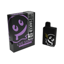 Black box with purple smiley face design labeled "Half Bak'd Collection" and "Half Bak'd Live Resin Sauced Disposable | 4g Raspberry Cough Sativa" next to a matching black disposable vape cartridge featuring the same smiley face logo and containing THC-A live resin.