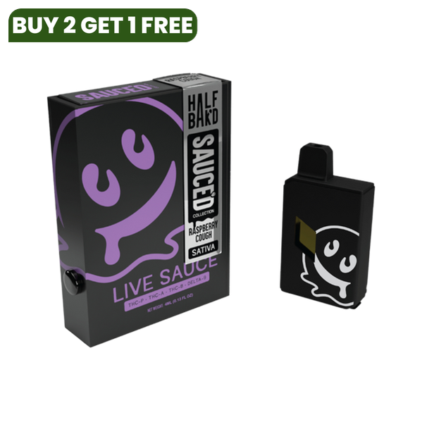 Black box with purple smiley face design labeled "Half Bak'd Collection" and "Half Bak'd Live Resin Sauced Disposable | 4g Raspberry Cough Sativa" next to a matching black disposable vape cartridge featuring the same smiley face logo and containing THC-A live resin.