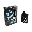 A black and blue Half Bak'd Live Resin Sauced Disposable | 4g box, part of the SAUCE'D Collection by Half Bak'd, sits next to a matching disposable vape featuring a smiling ghost logo and labeled as Ice Cream Indica THC-A live resin.