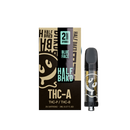 A black and gold Half Bak'd THC-A Cartridge | 2g with packaging labeled "Half Bak'd," "Blue Face," and "Hybrid." The packaging indicates it contains 2 grams of THC-A live resin and THC-P / THC-8, compatible with 510 vape batteries.